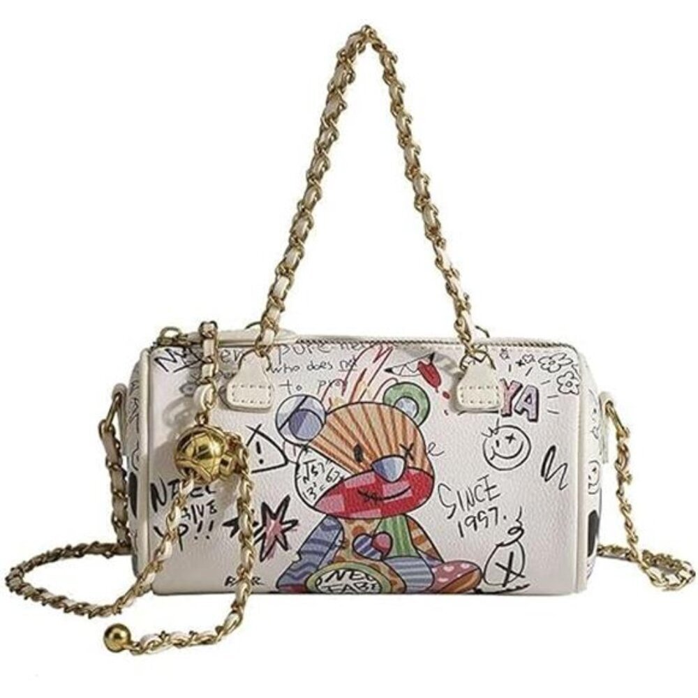Graffiti White Vegan Leather Crossbody bag, Trendy Mini Shoulder Bag Purse - Picture 7 of 7